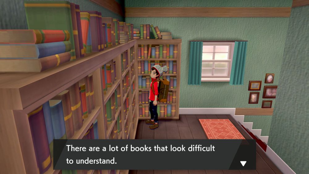 Pokemon Sword screenshot showing my main character examining a bookshelf on the second story of Professor Magnolia's house. There is a text box on the screen reading "There are a lot of books that look difficult to understand."