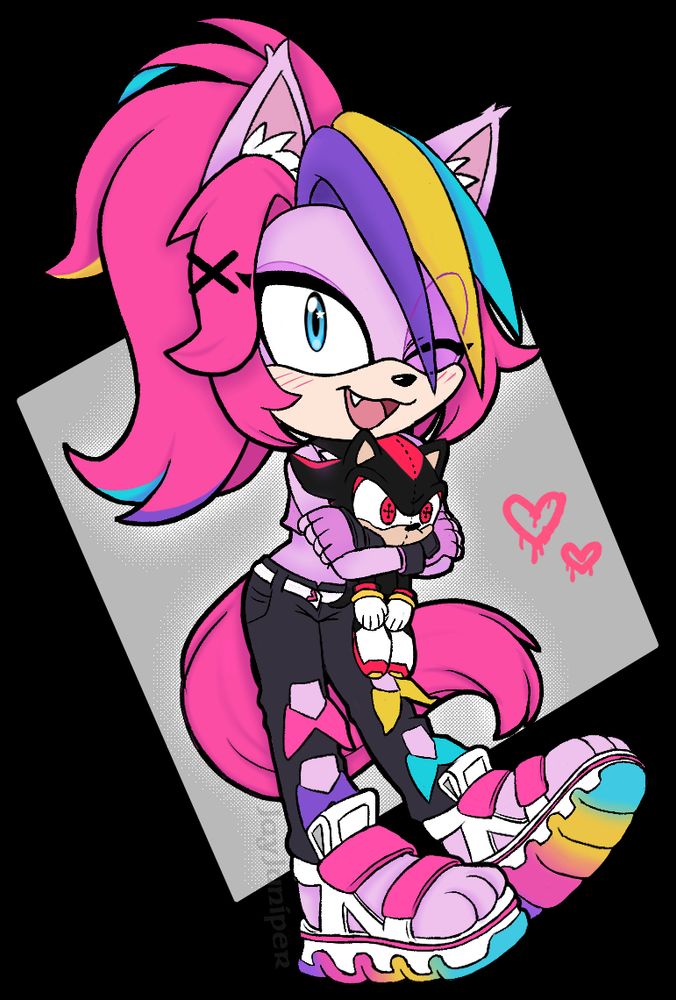 Digital art of a sonic catgirl with bright pink colours holding a shadow the hedgehog plushie