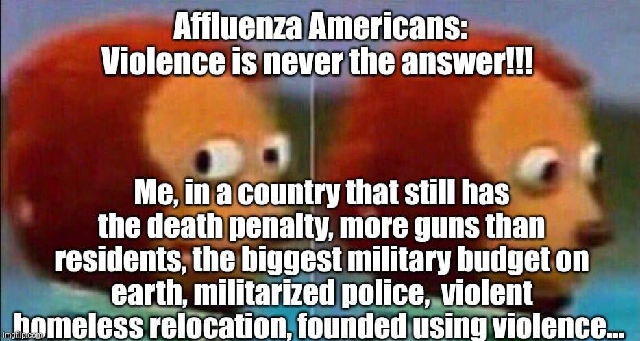 Meme featuring a monkey puppet giving the reader side eye and then looking away seemingly disturbed. Text on image reads “Aluenza Americans: Violence is never the answer!!! Me, in a country that still has the death penalty, more guns than residents, the biggest military budget on earth, militarized police, violent homeless relocation, founded using violence.”