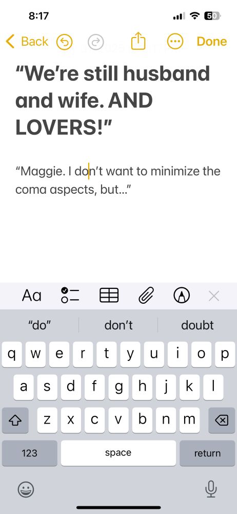 Just a screenshot of these two statements:

“We’re still husband and wife. AND LOVERS!”

“Maggie. I don’t want to minimize the coma aspects, but…”