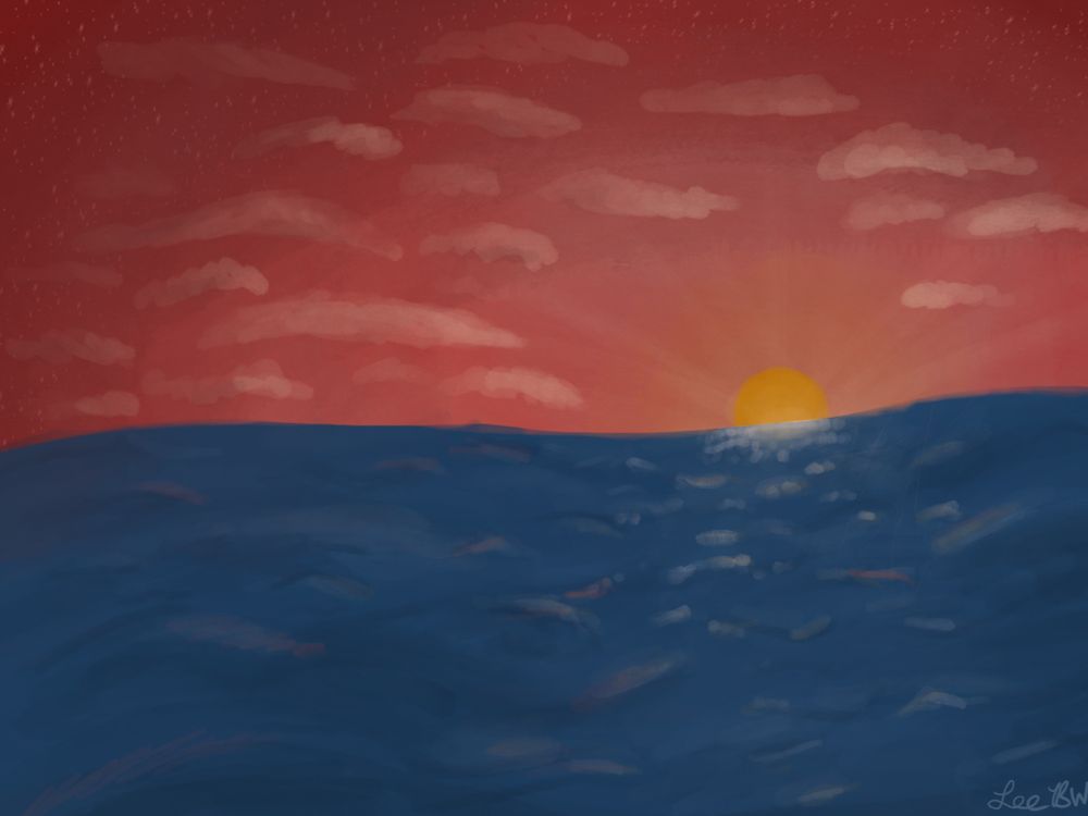 Red sunset over ocean digital painting