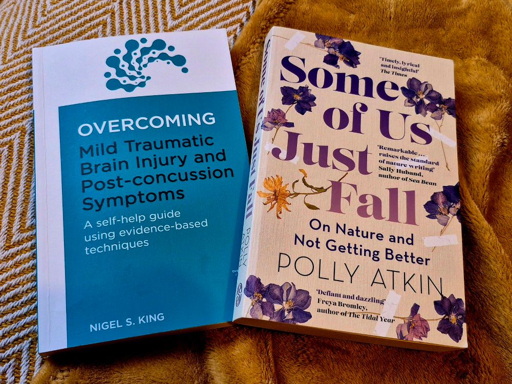 Two books are shown. On the left is Overcoming Mild Traumatic Brain Injury and Post-concussion Symptoms by Nigel King ; on the right is Some Of Us Just Fall by Polly Atkin