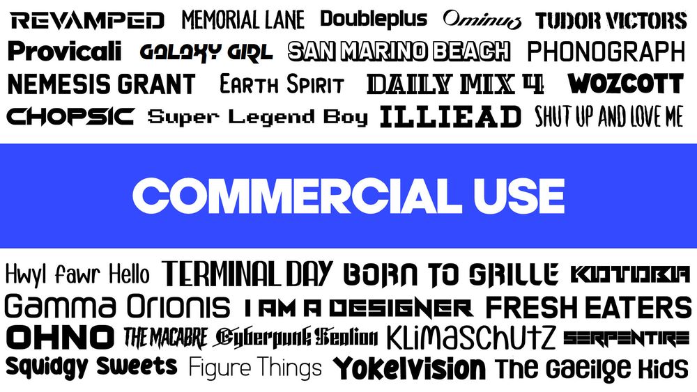 An image with many previews of all the different fonts in the All Fonts Pack