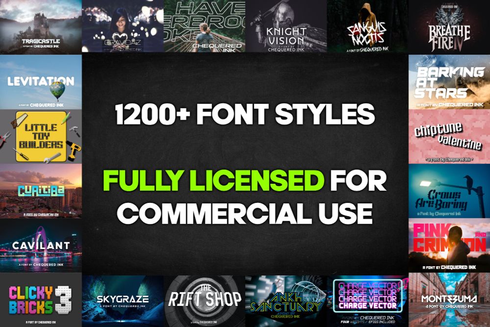 Preview images of various fonts from the Chequered Ink All Fonts Pack.