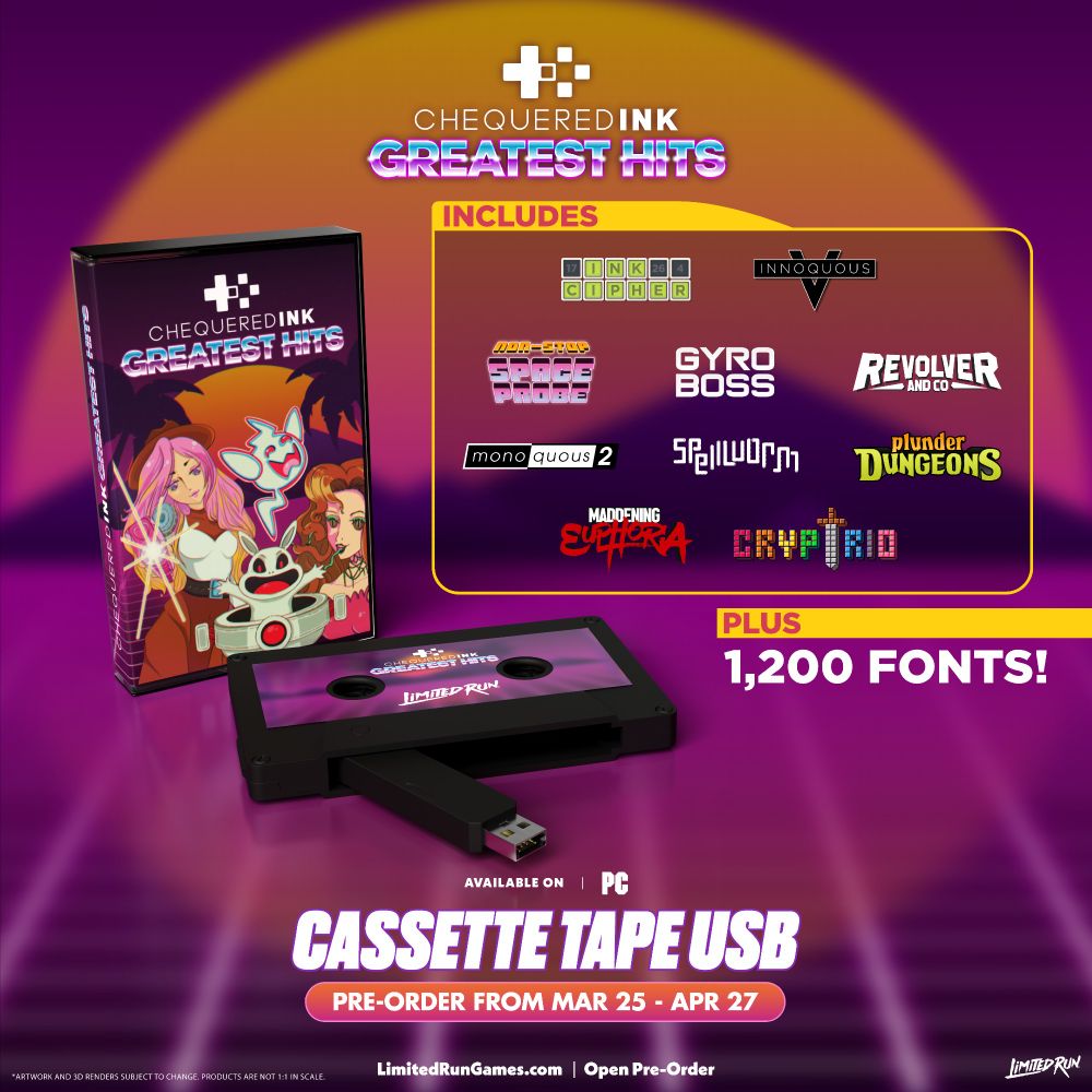 A vaporwave sunset background, with a mock up of the chequered ink greatest hits cassette tape USB on the front-left. On the right are the logos for the 10 games on the tape: Ink Cipher, Innoquous 5, Non-stop Space Probe, Gyro Boss DX, Revolver and Co, Monoquous 2, Spellworm, Plunder Dungeons, Maddening Euphoria and Cryptrio.

Then it says Plus 1200 fonts underneath.