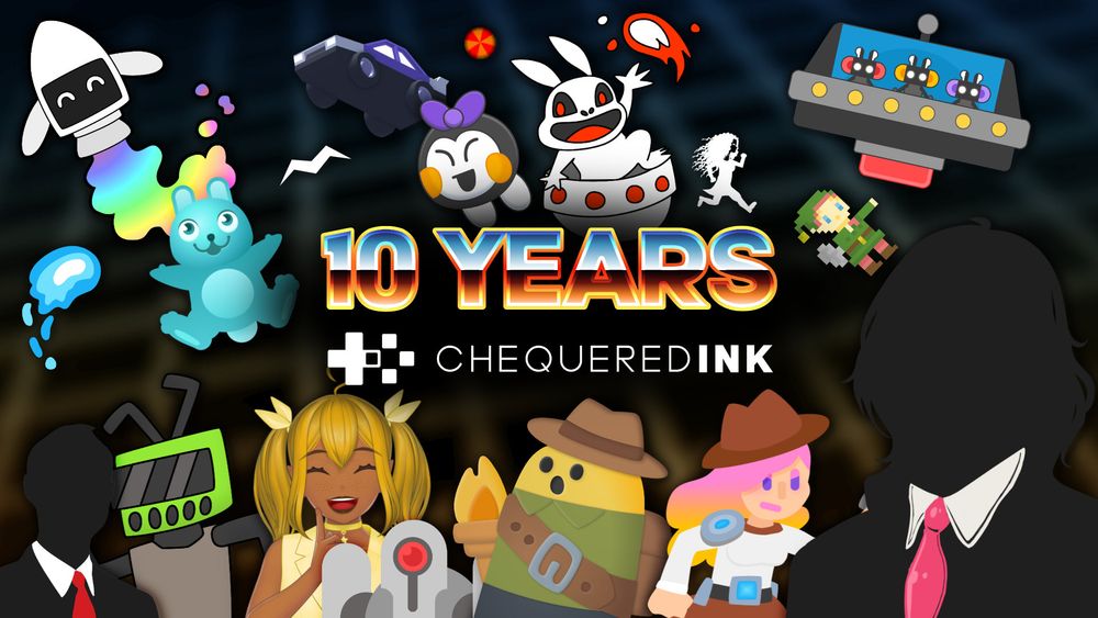 An image to celebrate 10 years of Chequered Ink, which has some of our video game characters dotted around it.
