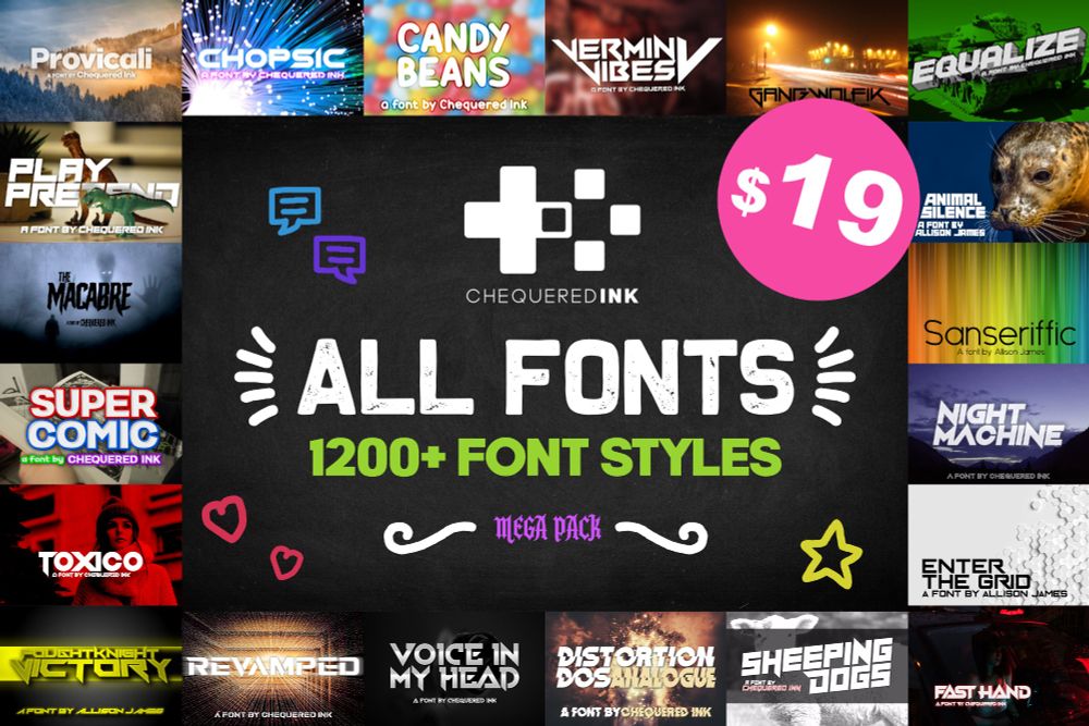 The logo for our all fonts pack with a big $19 sticker on top.