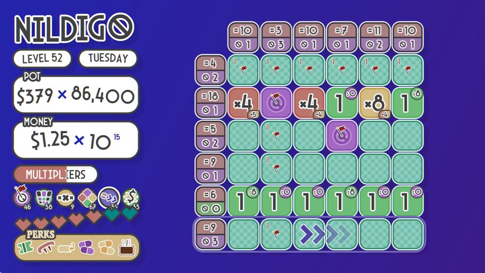 A screenshot of nildigo, a game with elements of minesweeper and picross where you have to clear the grid without hitting any "Nils"... but in the process you build up a HUGE pot of cash, buy crazy perks and power-ups etc.