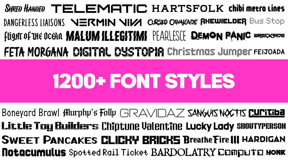 An image with many previews of all the different fonts in the All Fonts Pack