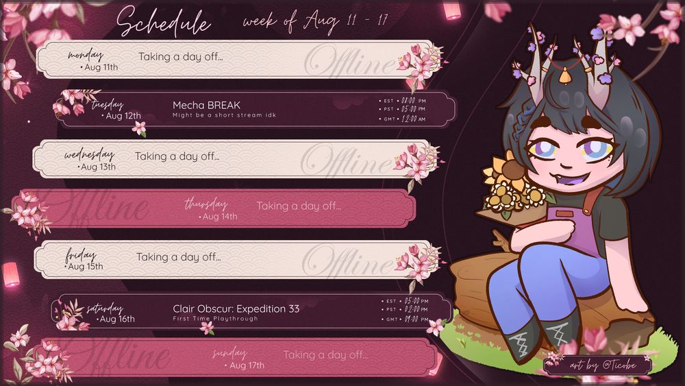 A schedule for twitch.tv/lilin_vdaemon
- Tuesday (12th), 5pm PDT: Mecha BREAK
- Saturday (16th), 2pm PDT: Clair Obscur: Expedition 33