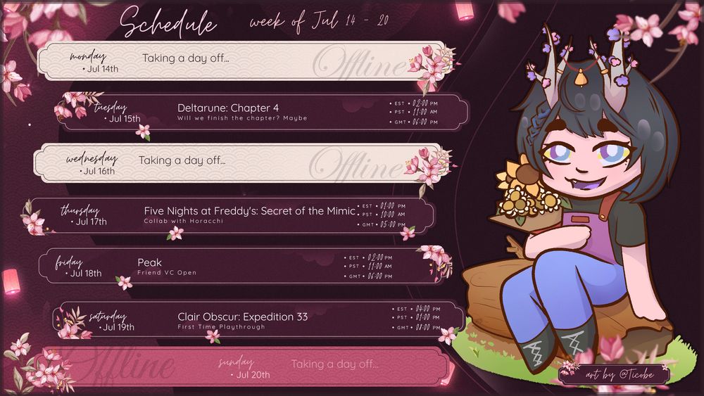 A schedule for twitch.tv/lilin_vdaemon
- Tuesday (15th), 11am PDT: Deltarune: Chapter 4
- Thursday (17th), 10am PDT: Five Nights At Freddy's: Secret of the Mimic, Collab with Horacchi
- Friday (18th), 1am PDT: Peak, Friend VC Open
- Saturday (19th), 1pm PDT: Clair Obscur: Expedition 33