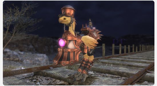 A chocobo wearing armor that resembles a brass steam locomotive, including smokestack and cattle guard.