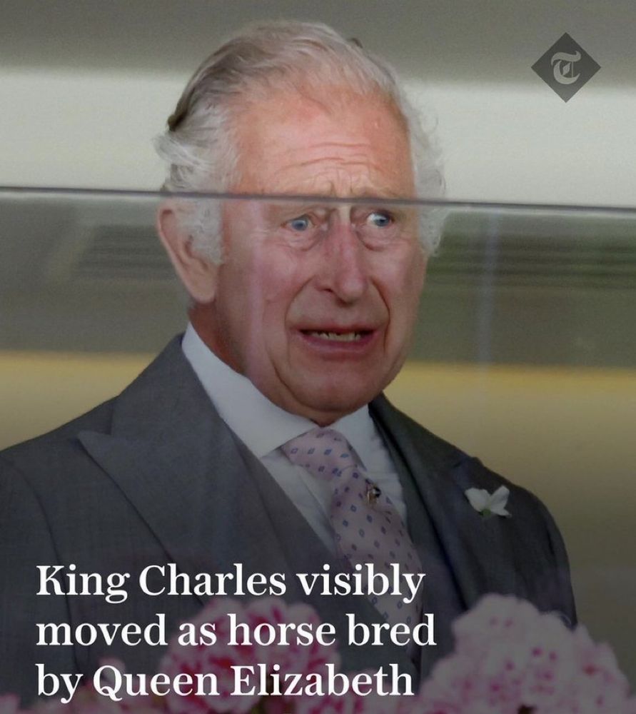 A distraught looking King Charles pictured with a headline that says “King Charles visibly moved as horse bred by Queen Elizabeth”