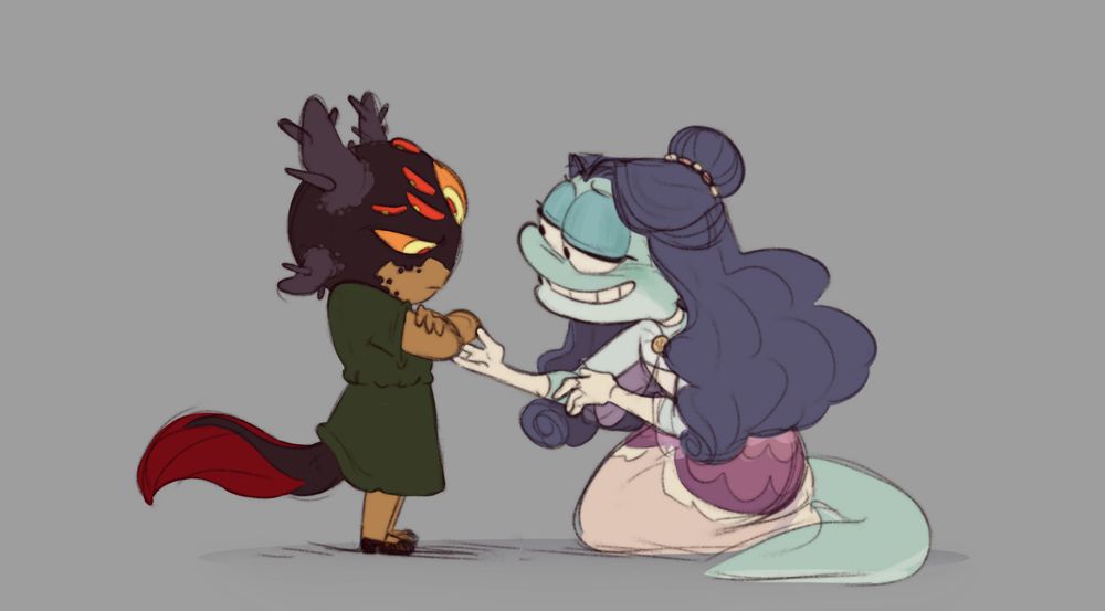 A drawing of Lady Olivia trying to cheer up Darcy, who is upset