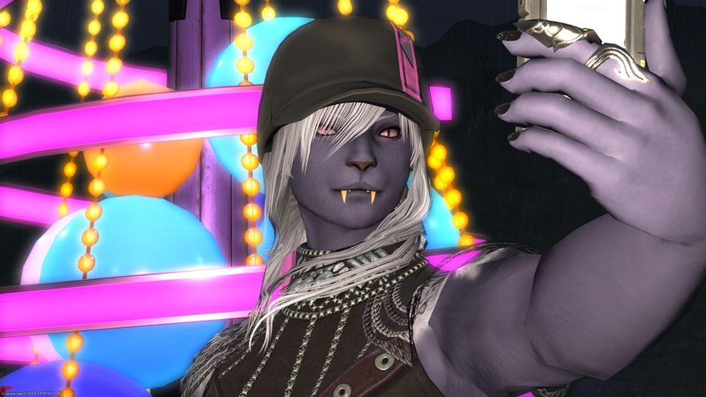 screenshot of a female hrothgar from FFXIV wearing a neon street cap and smiling at the tomephone camera