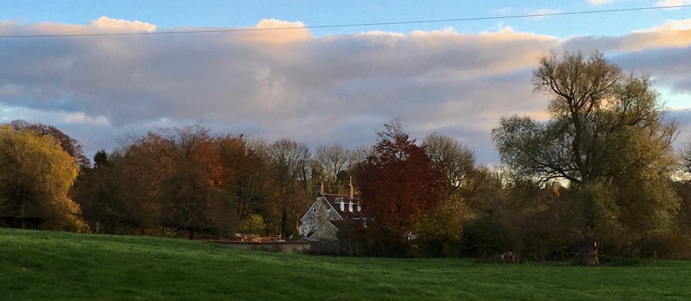 A panoramic picture of November trees in different shades of yellow and red against a blue sky with a few pink-tinged clouds. A little old house sits amongst the trees in the centre of the photo.