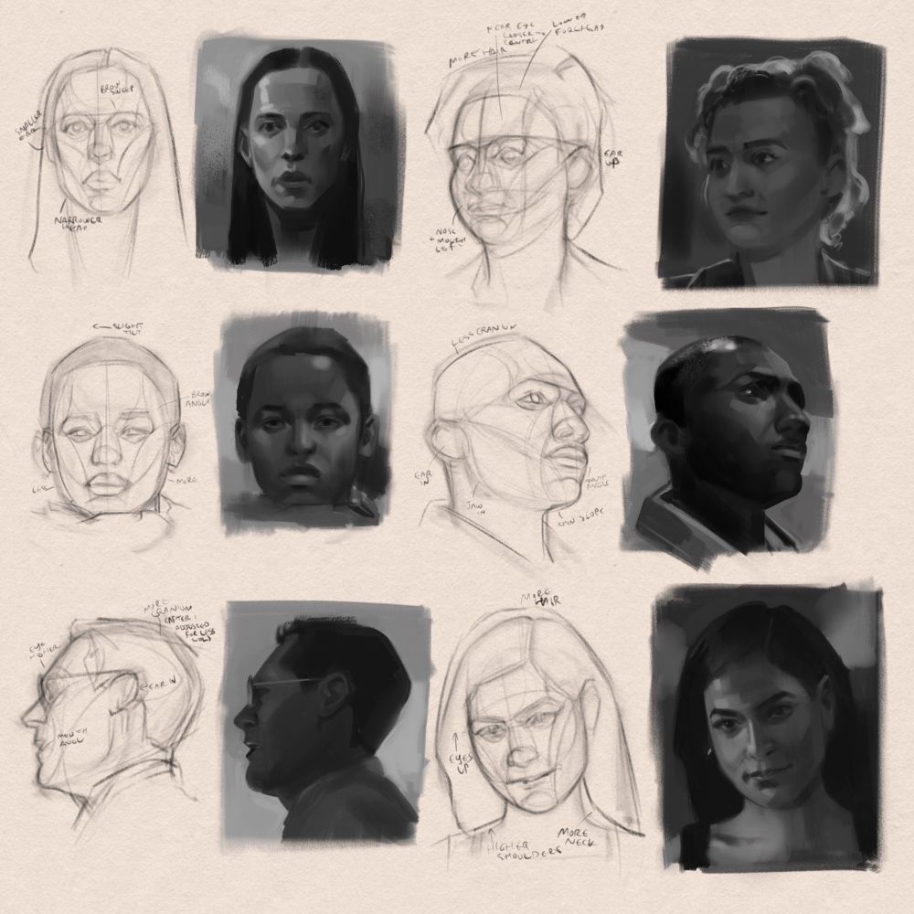 A selection of annotated head study drawings with value paintings next to them