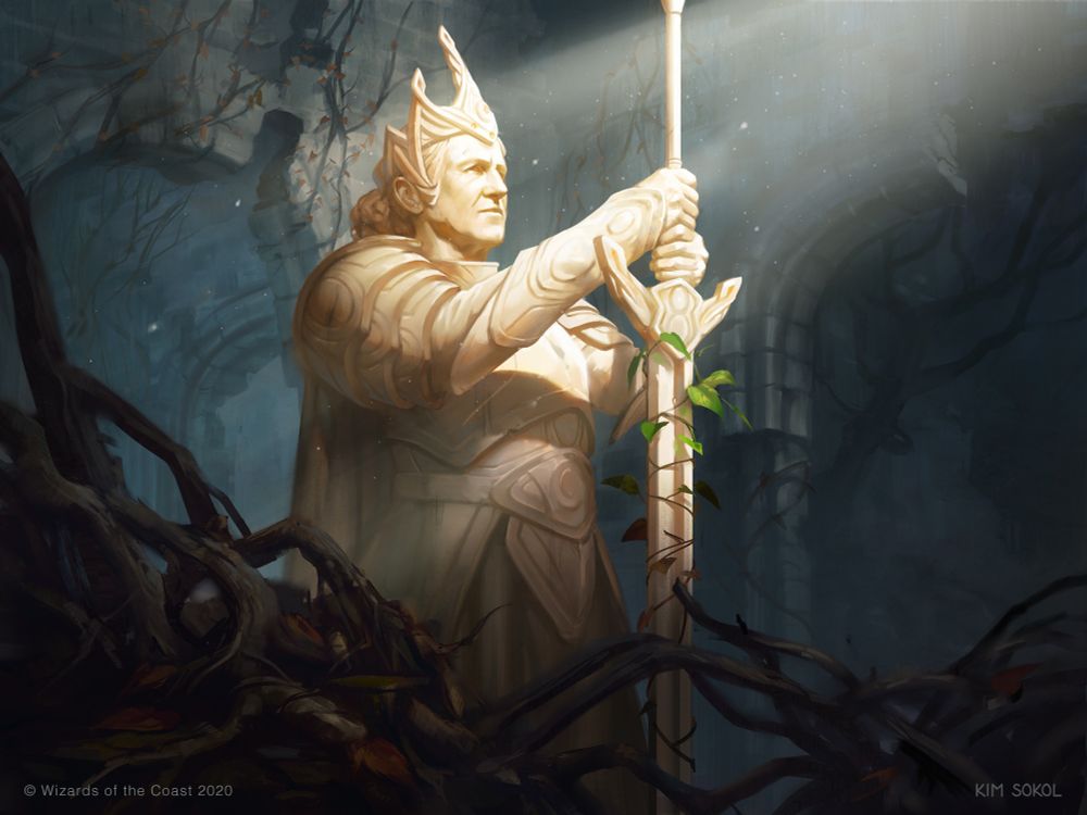 A statue of an aging queen in armor with a large sword sits in the middle of an overgrown ruin