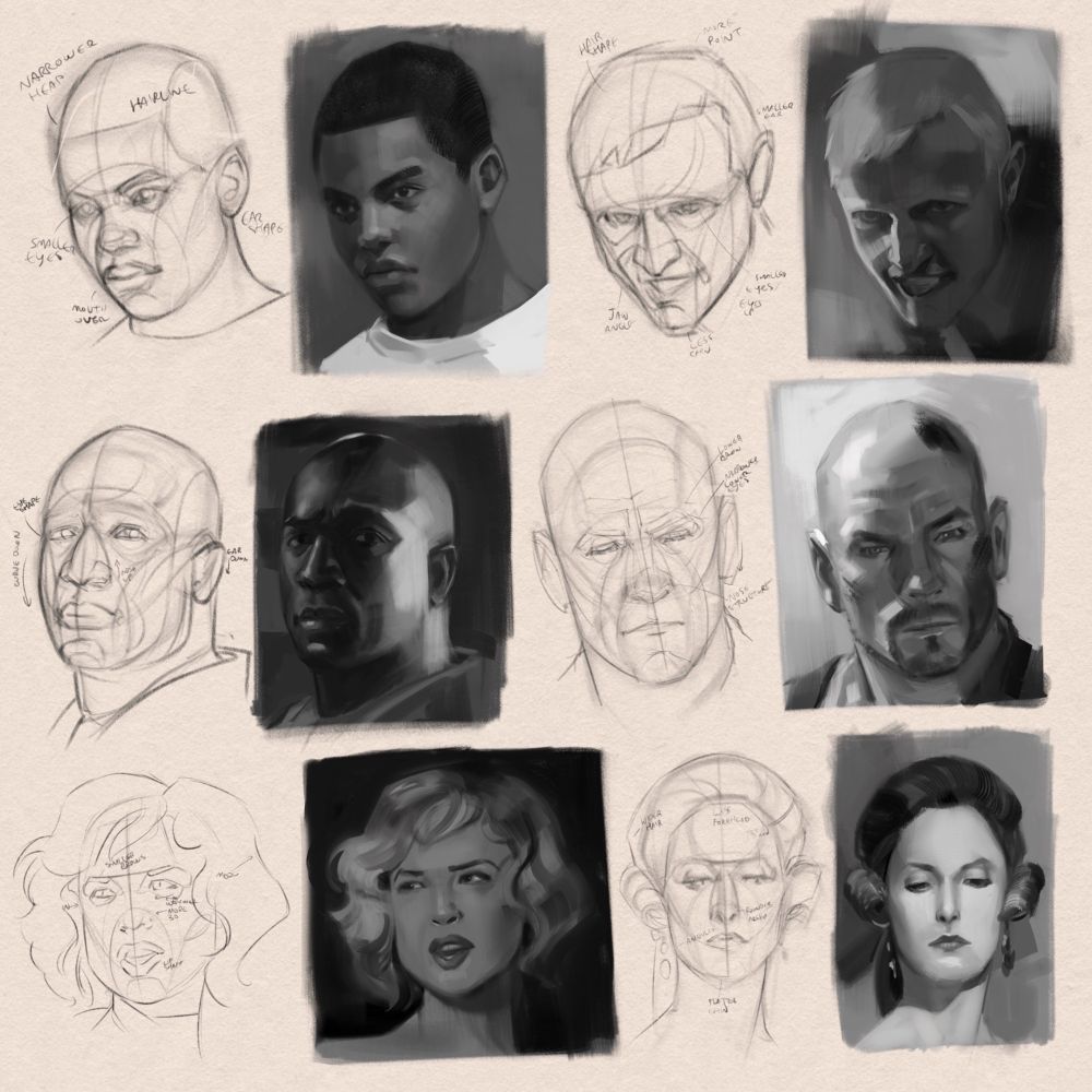 A selection of annotated head study drawings with value paintings next to them