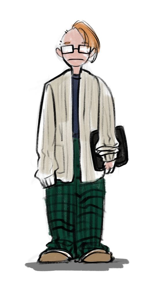 A quick drawing of a girl in a giant sweater, oversized pants, and slippers