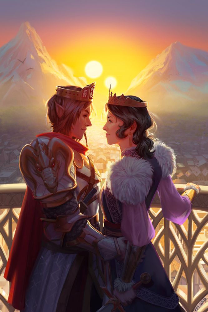 An armored elven queen and a human queen in formal clothing stand on a balcony in front of a city during sunset