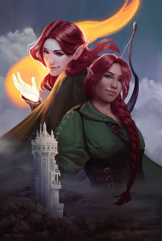 Book cover featuring an elven and a half-elven woman with the scene of a tall tower and forest below