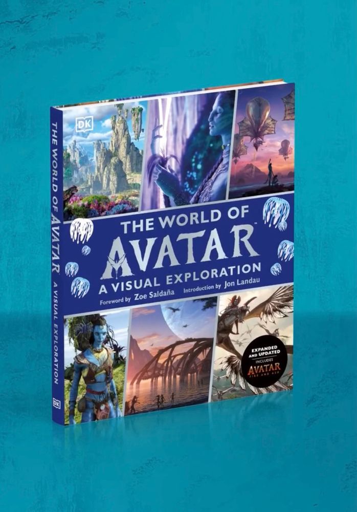 Cover of the "The World of Avatar: A visual exploration". The cover is split into 3 sections rows. The top and bottom rows of  feature concept art, and screenshots from the avatar movies and games. The middle blue row contains the logo of the book and some images of WoodSprites