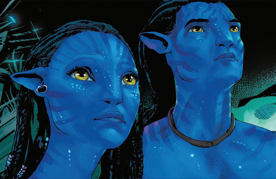Comic panel. Night time. Jake Sully and Neytiri looking up at the sky and watching the humans return to Pandora. 