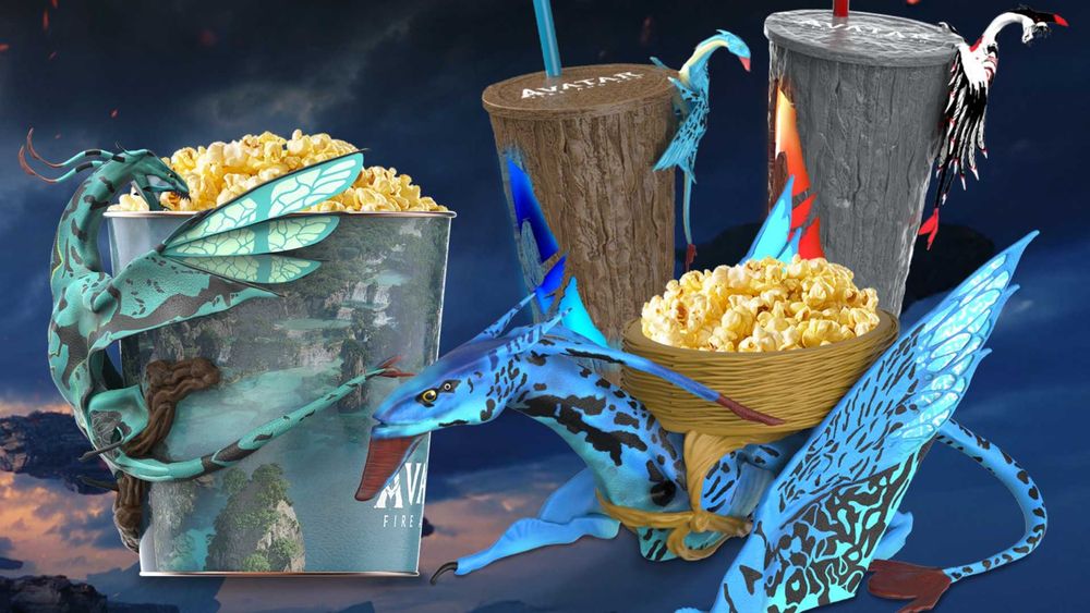 Jake Sully's ikran Bob popcorn basket, a Seze Ikran popcorn bucket, plus two cups designs with ikran perched on them.