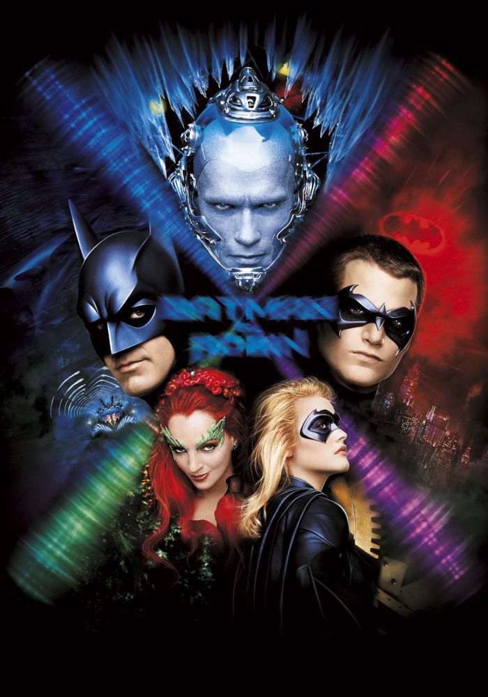 Visages de Batman, Mr Freeze, Robin, Batgirl et Poison Ivy sur l'affiche de Batman & Robin