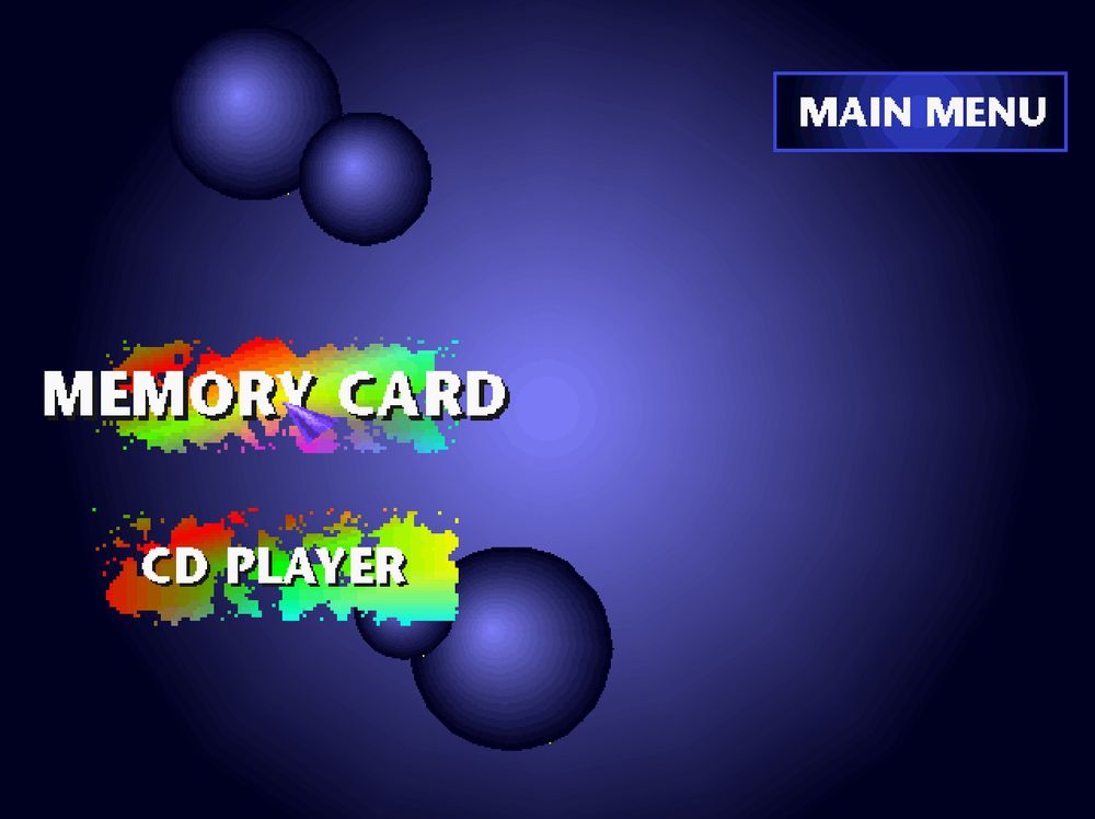 Playstation 1 system menu, a cool blue background with orbs, and two options reading "Memory Card" and "CD Player" backed by rainbow-colored paint splashes