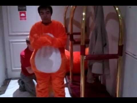 Mike putting the firefox costume