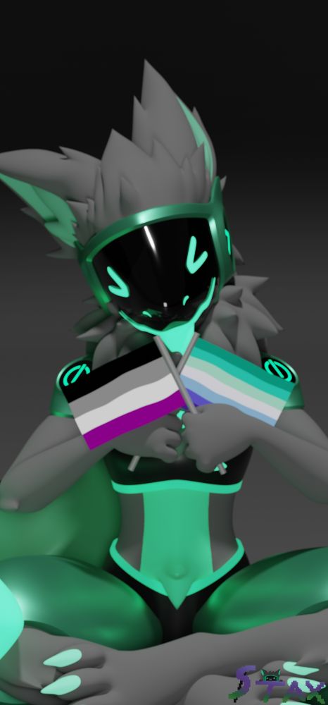 Green and gray Protogen holding up an asexual and gay pride flag