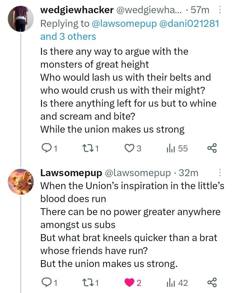 Tweet by wedgiewhacker:

Is there any way to argue with the monsters of great height
Who would lash us with their belts and who would crush us with their might?
Is there anything left for us but to whine and scream and bite?
While the the union makes us strong 

Tweet by lawsomepup:

When the Union's inspiration in the little's blood does run
There can be no power greater anywhere amongst us subs
But what brat kneels quicker than a brat whose friends have run?
But the union makes us strong 