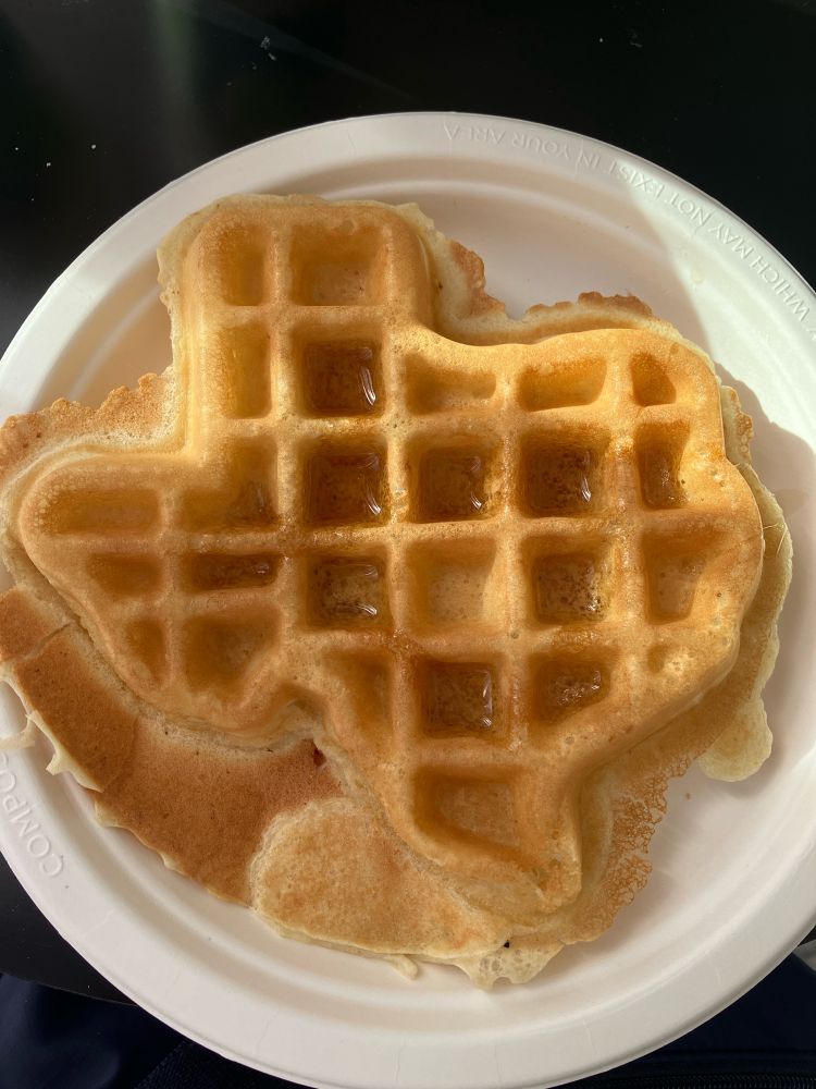 A waffle in the shape of Texas! Oops got batter everywhere so its landmass has increased a little bit.