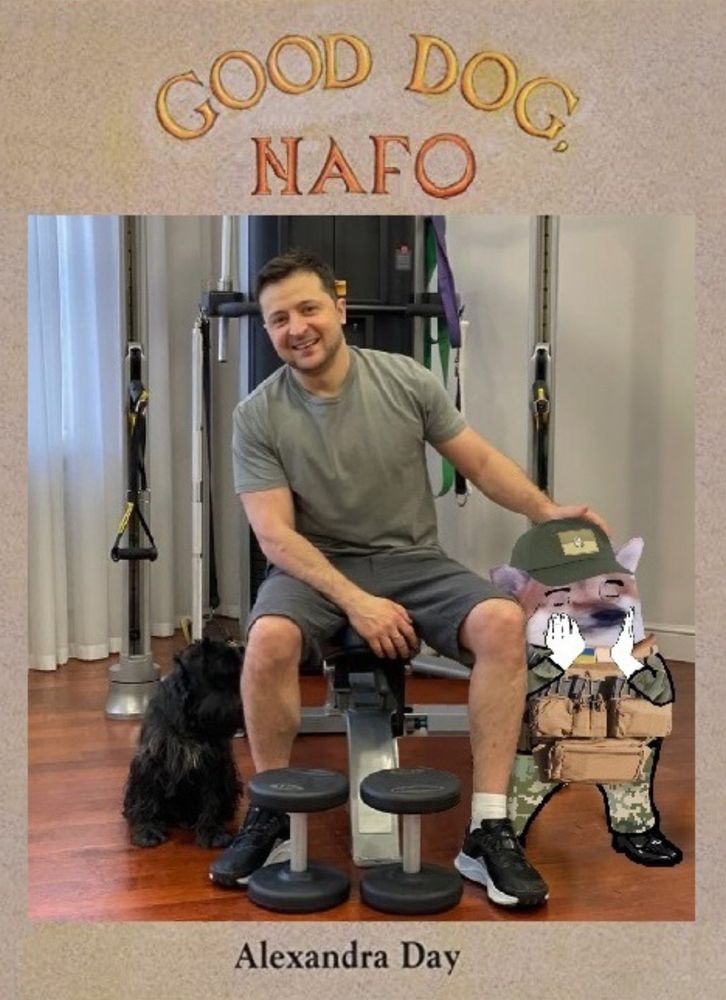 President Zelenskyy on a workout machine, patting a fella on the head, saying "Good dog, NAFO!".