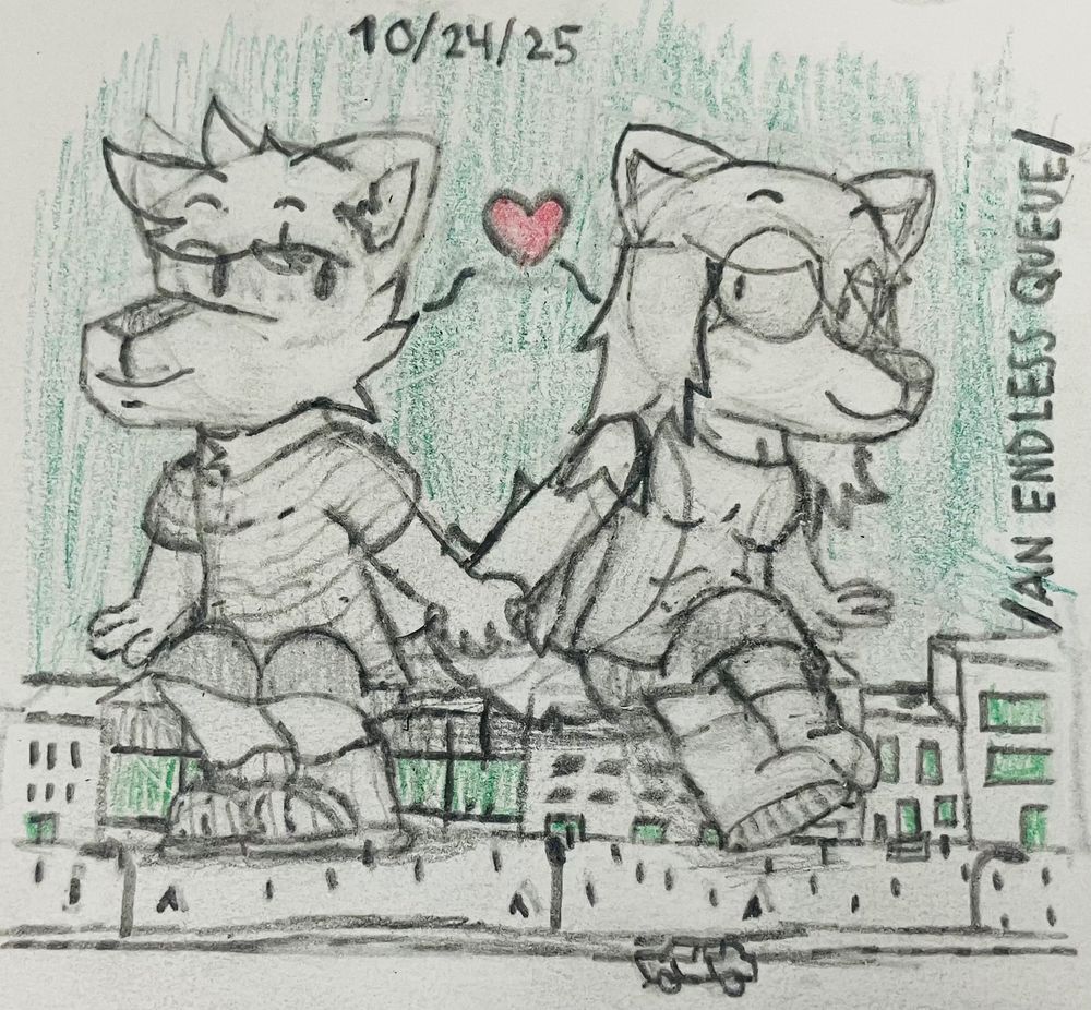 A (mostly) black and white sketch depicting two wolves, Borealis (pictured left) and Aurora (pictured right), sitting together holding hands while sitting on top of several small aligned buildings in a city teeming with life. A heart is shown between them both.