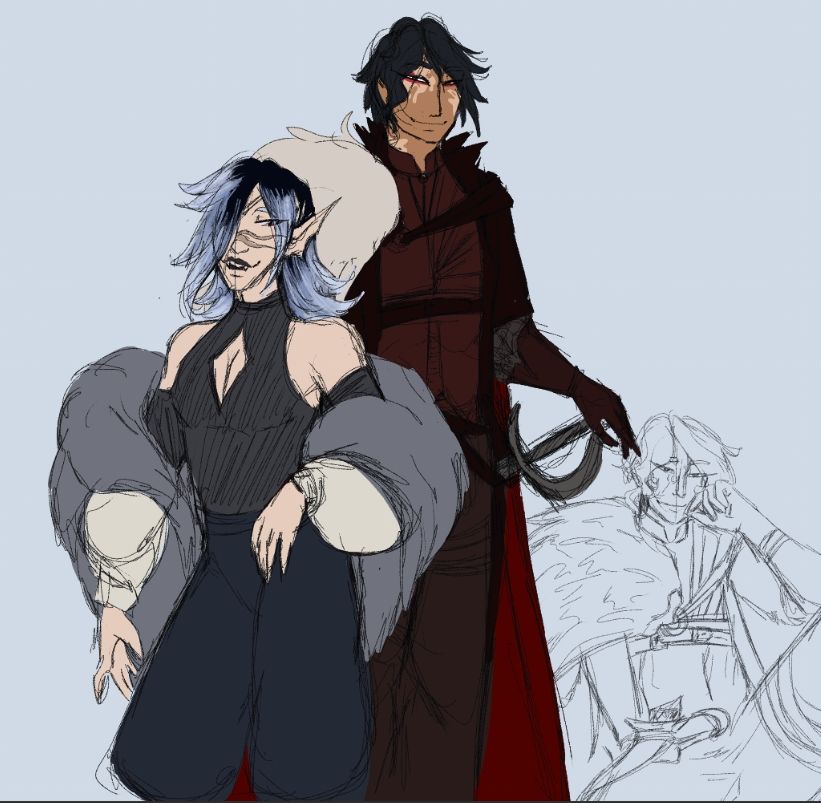 Colored sketch of nyx and Hollow.  Nyx is a sea elf with blue-vlack hair thay transitions into white at the end, woth pale skin and a notable scar across their face. They have a Grey fur coat that doesnt cover their shoulders, wears a dark Grey top and puffy blue pants. They have a coy smile and are looking behind them.
Hollow is a human with tan skin that have spots of vitiligo around the eyes and neck, dark brown hair and a thin nose. He has red-brown leather armor on along with a large white fur pelt that covers his right shoulder and a deep red cloak. 