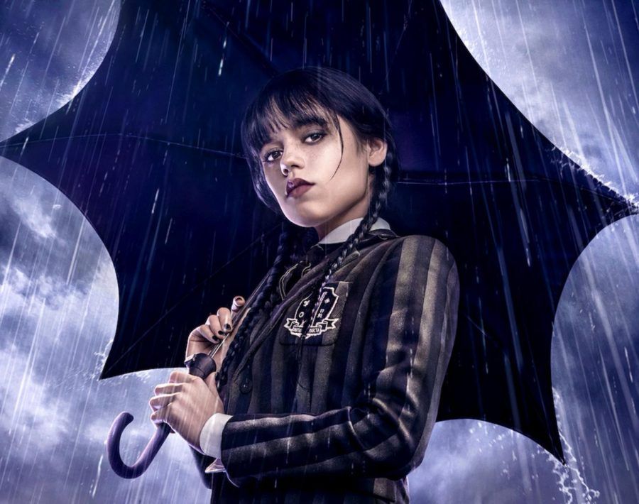 A picture of Wednesday Addams holding an umbrella (Jenna Ortega).