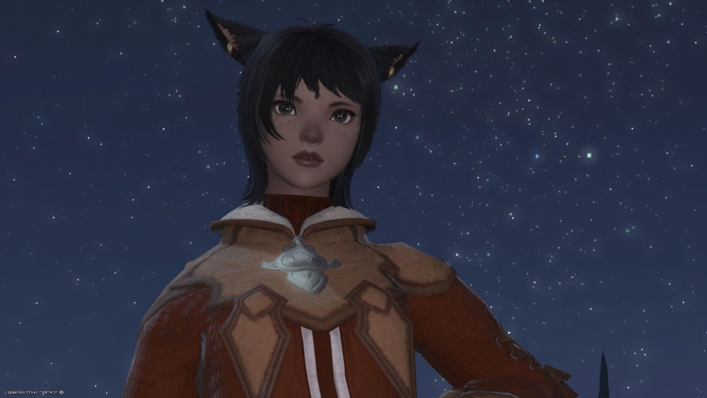 a Miqo'te girl stares ahead past the camera. She has short cropped black hair and red mage robes. the background behind her is a sea of stars on a cloudless night