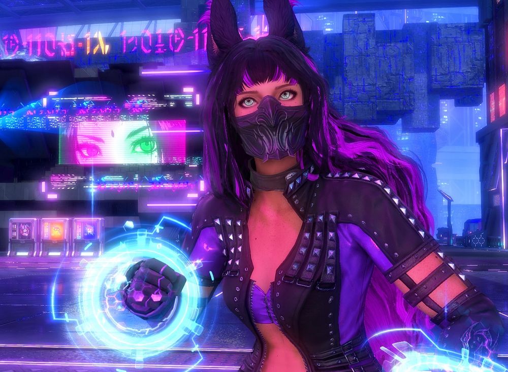 A picture of my WoL Viera in her MNK/Arcadian outfit, posing in the middle of solution 9. She has the mardervillian MNK weapons, the makai mask of striking, the dark horse striking outfit dyed purple, and bright purple highlights in her hair. Her ancient eyes are glowing green.