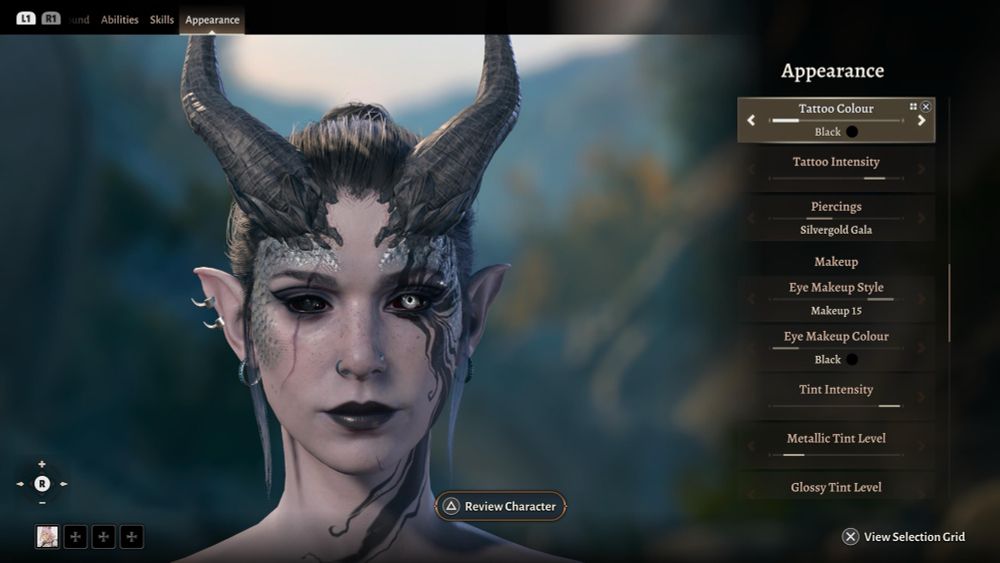 My tiefling Artemis. She has blue-grey skin, tattoos, piercings, horns, and one white glowing eye. 