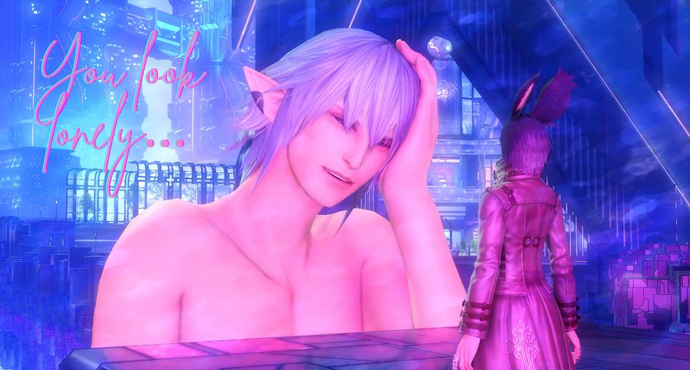 An Elezen man with silver-blue hair is surrounded by mist in Solution Nine. He is a hologram that appears to be real and is bigger than the viera standing in front of him. The text next to him says in cursive “you look lonely…” 