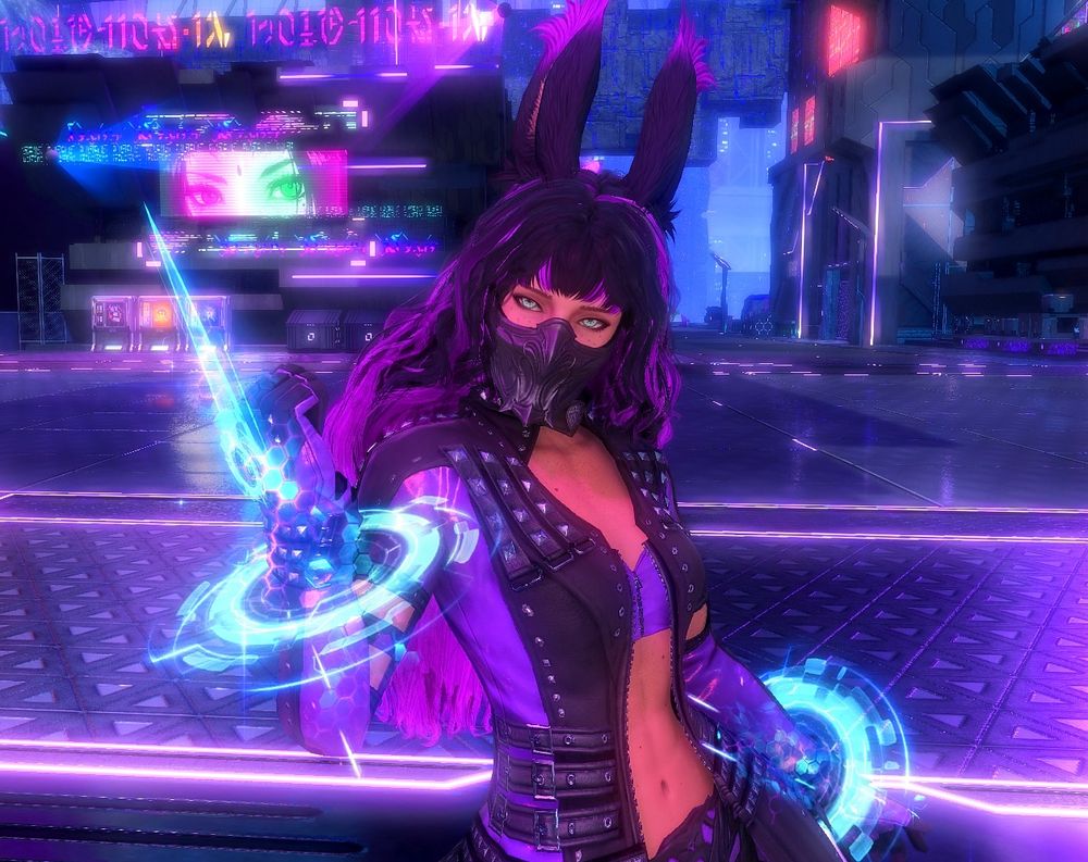 A picture of my WoL Viera in her MNK/Arcadian outfit, posing in the middle of solution 9. She has the mardervillian MNK weapons, the makai mask of striking, the dark horse striking outfit dyed purple, and bright purple highlights in her hair. Her ancient eyes are glowing green.
