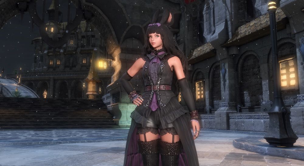 my wol Viera wearing a purple and black dress (edenmorn casting dress) with the mirage blue mage tights dyed black. She is standing in the middle of ishgard while it is nighttime and snowing. multiple windows are glowing yellow in the background.