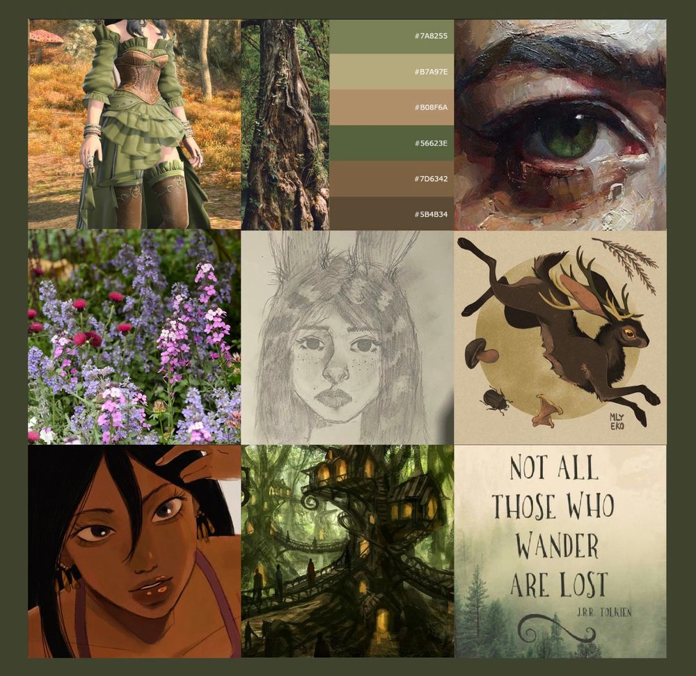 A collage of my WoL/OC Viera’s various aesthetics, which is mostly all woodland/forest. There are multiple pictures. The quote on the bottom right corner says “not all those who wander are lost” by JRR Tolkien.