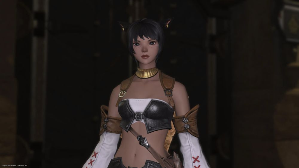 a miqote in her starter clothes stares ahead at the camera. She has short raven-black hair, dark eyes, and dark red lipstick. 