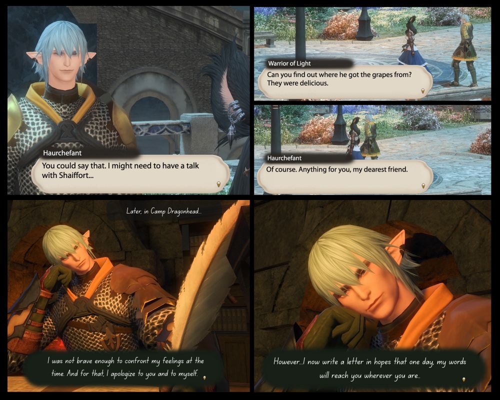 Page 4: Haurchefant and the Warrior leave. Haurchefant regrets not having said anything to her at the time. Later in Camp Dragonhead, he pens a letter to her.