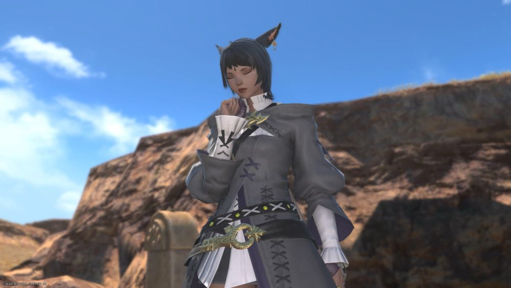 Metzi a moon keeper miqo’te silently prays while standing in the middle of thanalan, hoping she can get through Aurum Vale. She is wearing grey and white starter mage robes. 