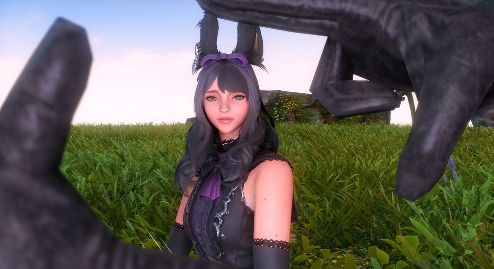 A picture of my WoL Viera sitting in a grassy field. She is looking directly at the person sitting in front of her. A pair of hands make a “camera frame” around the edges. 